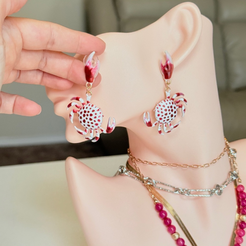 Red and White Crab Dangle Earrings - Women Jewelry - Picture 8 of 12